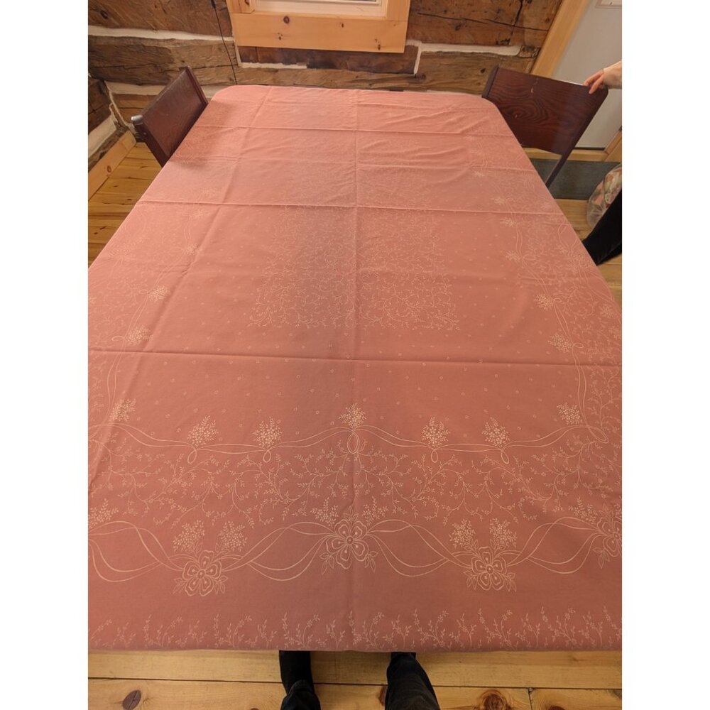 VTG 1950s Pink Floral Tablecloth 50x64 Scalloped Cottage Dusty Rose Mini Floral